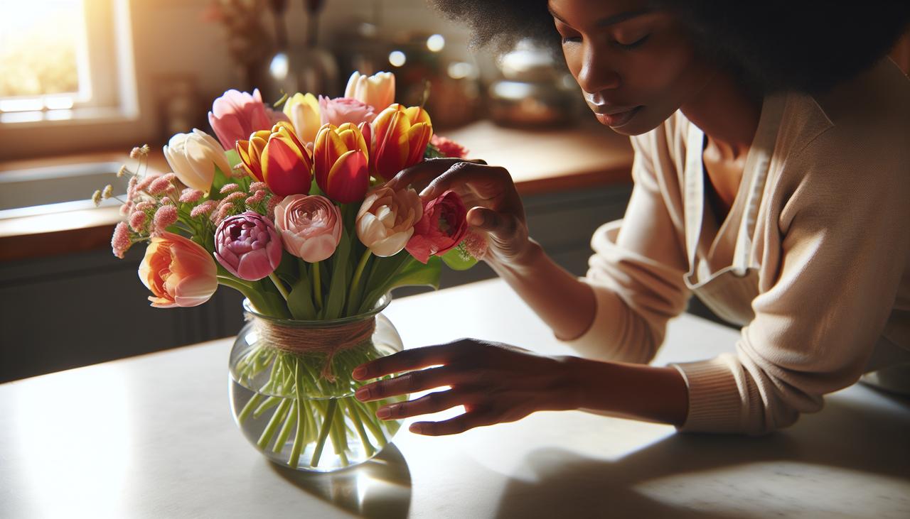 ידיים מסדרות זר פרחים צבעוני לאמא ביום האם